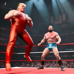 Photo realistic, Wrestler Donald trump, wrestling, American shot, sweat, blood, red breeches, suspenders, retro style, 80s, hot ambient, photo studio, vibrant color, gradient, highly detailed, art stations, concept art, smooth, unreal engine 5, god rays, ray tracing, RTX, lumen lighting, ultra detail, volumetric lighting, 3d, finely drawn, high definition, high resolution.