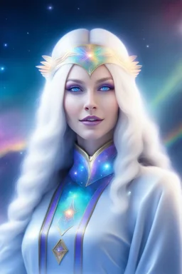 cosmic woman ,beautiful ufos rainbow, admiral from the future, galactic confédération, fine whole face, crystalline skin, expressive purple eyes,rainbow, smiling lips, very nice smile, costume pleiadian, Beautiful tall woman pleiadian Galactic commander, ship, perfect datailed golden galactic suit, high rank, long blond hair, hand whit five perfect detailed finger, amazing big puple eyes, mouth, high définition lips, cosmic happiness, bright colors,smile