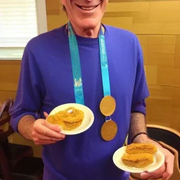 Larry David eating a gold medal at Denny's