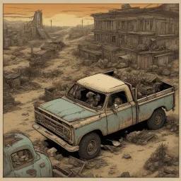 pickup truck, birds eye view, top view, illustration, aged, comic book, post-apocalyspe,