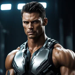 muscular sweat, movie still, attractive perfect face, supermodel body, movie still of a villain cyborg