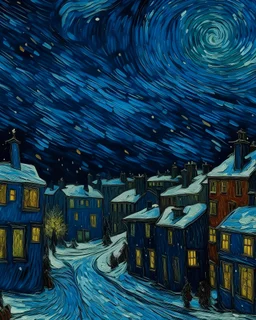 A city covered in snow in nighttime painted by Vincent van Gogh