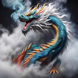 a sturdy colorful asian dragon with curly white fur, smokey breath and fire, claws, spikes along back, a long tail, moving forward out of the smoke and mist