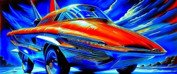 A national geographic award winning photograph of a military fighter jet station wagon wasp hybrid soviet retrofuturism designed by volkswagen only one vehicle per image painted metallic orange traveling at a high rate of speed, jet intake off of front center of vehicle and jet exhaust out the rear with bright blue flame