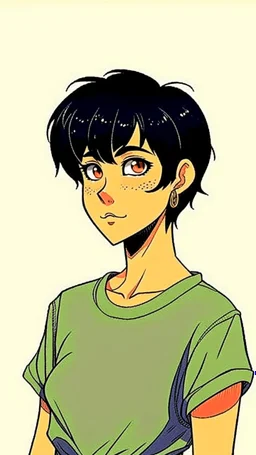 Relaxed and Stylish Anime 90s , short black hair