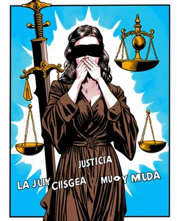 Comic book style illustration, line art of lady justice with scales and sword, with a stranger's hands (((covering her mouth))). Blindfolded, and with the Text "LA JUSTICIA CIEGA Y MUDA"