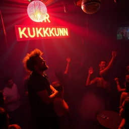 "MR Kukrunk" is Benny, and "DJ Roy" in a disco, dancing, "MR Kukrunk" on sign wall, disco light, strobe, smoke. disco ball, 1000 dancing people