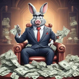 rich pig in suit on a throne making stacks of money by making a deal with a buisnessman. bugs bunny making sick beats in a background as he is known musician