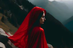 buatkan saya seorang wanita berkerudung merah di tepi gunung