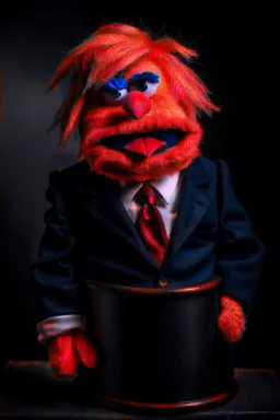 a Film Photograph of a realistic angry orange Donald Trump Muppet made of felt and fur wearing a dark blue suit and red tie and with blonde hair combover, he is old and angry and lives in a trash can