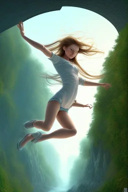 Girl falling off a bridge, top view, long hair, cute, beautiful