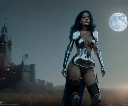 Rita ora, realism, knight armor, long curly black hair, choker, castle, moonlight