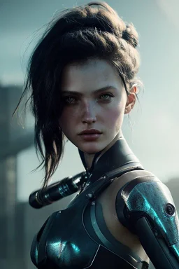 portrait,beautiful girl robot, post-apocalyptic in a cyberpunk city, realistic, intriacte detail, sci-fi fantasy style, volumetric lighting, particales,highly detailed,cinamatic, deep