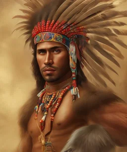 Guaicaipuro, native american god, 30 years old, Muscular warrior, red feathers headdress, shirtless, angry look