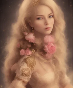 portrait borders head Princess with great bobs long blond hairs eyes no top with roses