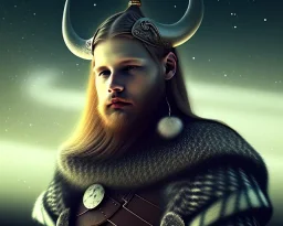 a sad and lonely viking looking up at the stars at night, hyper realistic, 8k, insane detail, atmospheric background, crying eyes, big fur coat, long braided hair, sharp focus, soft background, dynamic lighting, viking helmet, night time