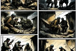 Masterpiece1:5)(Fineart), (award-winning:1.5), highest quality, war journalism editorial ,(by Tim Page, Hoorst Faas:1.5)),(Eastern Ukraine:(panel one:the moment after a battle ends, horrors of war, wounded men),(2nd panel, cinematic shot of men sitting in trench with 1000 yard stare (focus on their eyes:1.5)),(the third panel shows troops tired but hyper alert), (the fourth panel shows the sky is filled with incessant, fire and smoke everywhere,)