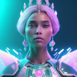 A portrait of a crystalised queen, atmospheric, realistic, unreal engine, cinematic lighting, octane render, transoarent, pink turquoise light