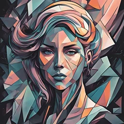 create a wildly imaginative cubist female character illustration with highly detailed facial features , sharply defined, boldly lined, in muted dark pastel colors
