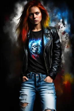 facial body Portrait - digital photograph, chiaroscuro, extremely colorful, vibrant, lifelike, 20th century masterpiece, rich deep colors, highly detailed portrait, beautiful, extremely gorgeous Milly Alcock wearing a black leather biker's jacket, a black "Iron Maiden" T-shirt, Blue Jeans, black Converse sneakers, absolute reality