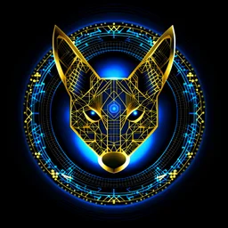 Blue and gold circle logo. A fox face made out of gold circuit board traces, fingerprint pattern superimposed behind