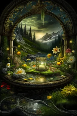 Hyperrealism against the background of a spring landscape in the forest +mirror with a tsunami whirlpool +mountains +ritual +candles+dried flowers+wildflowers+moss++decoupage of flowers+embroidery technique+braided beads+vine+moonlit night,fabulous landscape,surrealism,realism,naturalism,dot technique,microdetalization,high detail objects,digital illustration,volumetric clarity,dark fantasy,dark botanical, professional photo