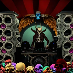 DJ of the damnded, insanely detailed DJ booth in hell, MID set, speakers and equipment made of bone, anatomically correct,