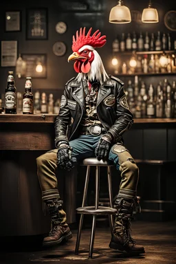photo of a rooster dressed Diesel punk outfit sitting at a table in a bar with a bar stools, bottle beer, award winning photography, Elke vogelsang, bosozoku outfit