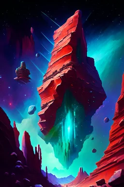 Towering starship fortress in red canyon with blue and green mineral rocks nebula starry sky painterly rpg art