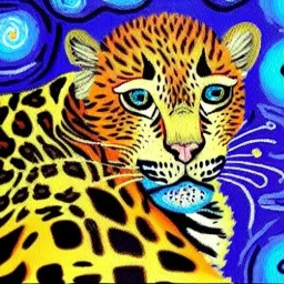 Dibujo al oleo de un leopardo pintado con muchas nubes de colores estilo Vincent van Gogh