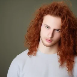 teen, male, with long red curly hair, head shot, model, real photo, soft lighting