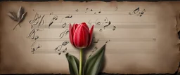 Hyper realistic red tulip on the side of a vintage paper with harmonica instrument & small musical notes with dark background