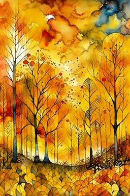 Golden autumn dream, beautiful forest, colourful trees, sunshine, sunset, watercolour and ink