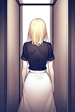 blonde girl walk in a corridor, back view, line arts, manga style