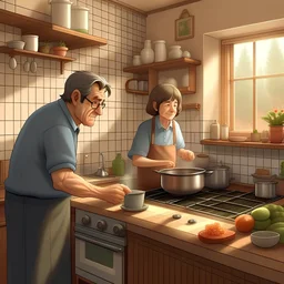 haz una foto realista de un hombre de 30 años cocinando comidas caseras en un lugar muy bonito con su abuela observando