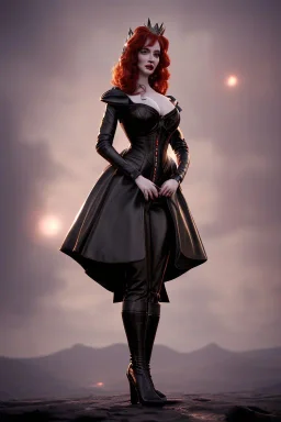 Christina Hendricks as evil queen in black leather gown, feminie, angry, stern look on her face, volouptous, busty, cleavage, emperious, mature, unreal 5, octane render,cinema4d, dynamic lighting, dramatic lighting, 4k, redshift render, highly detailed, hyper realistic