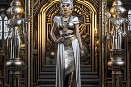 full body and headshot of a skinny Cleopatra, with a silver bob hairstyle, standing in a steampunk setting.