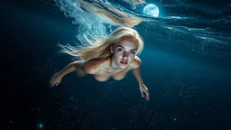 Airbrush, A slender, ethereal woman with cascading blonde hair and piercing sapphire-blue eyes dives into the velvety blackness of the ocean, surrounded by an otherworldly aura of bioluminescence that shimmers like a thousand tiny lanterns. Airbrush, The water around her sparkles with a mesmerizing glow, as if filled with stardust, with delicate, swirling patterns that evoke the shimmering beauty of the night sky. Stars and the moon hang low in the background, casting a silvery glow across the s
