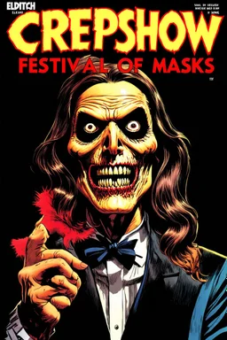 Cover of text "CREEPSHOW" Magazine, "Festival of Masks" story, Eldritch, sharp colors, high contrast, vintage horror, by Bill Elder, by John Buscema, ultra detailed, retro pulp magazine cover, ink illustration, dramatic, visceral style, creepy, weird, sinister, "CREEPSHOW"