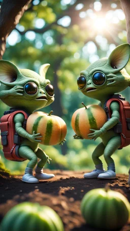 two melon alien gremlins with rocket backpack awesome space camera in giant treetop taking pictures of each other,bokeh like f/0.8, tilt-shift lens 8k, high detail, smooth render, down-light, unreal engine, prize winning