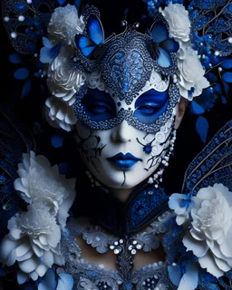 beautiful dark blue and white and brown butterfly lady portrait, textured detailed bioluminescence blue and brown textured lace patterned n wings adorned with renaissance style silver and blue and white pearls, and white brown diamond headdress and masque, white and white brown and blue florals, organic bio spinal ribbed detail of detailed creative rennaisance style light blue colour florwers by moonlight background expressively, extremely detailed hyperrealistic maximálist concept art