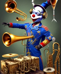 mechanoid clown playing jazz with a steampunk theme, trumpet, realistic