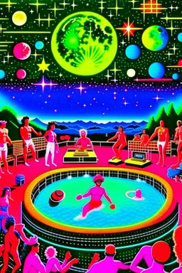 techno rave party in 80's with superstar dj playing and swimming pool on the moon full