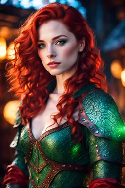 detailed eyes, pale skin, carefree attitude, female gorgeous, red wavy shoulder length hair, detailed glowing magical pattern leather clothing, glowing jade implanted on armor, 8k, high detail, tavern stage background, playing music, medieval, looking at viewer, front facing