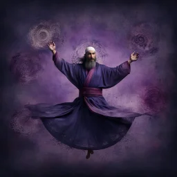 Hyper Realistic Sufi Whirling with Purple & Maroon, Islamic Sufi Rustic Grungy navy-blue Patterned-Background at night with black fog & mini feathers around