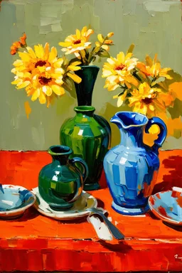 Oil painting of Vases and jugs in the style of frank Auerbach