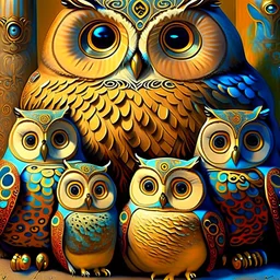 Family of cute and chubby owls multicolored by Fernando Botero and Jacek Yerka , sf, intricate artwork masterpiece, ominous, matte painting movie poster, golden ratio, trending on cgsociety, intricate, epic, trending on artstation, by artgerm, h. r. giger and beksinski, highly detailed, vibrant, production cinematic character render, ultra