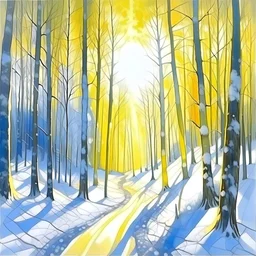 bosque nevado con camino iluminado con rayos de sol al estilo de Peter Doig