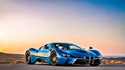 A sleek (((a fusion of buagtti and bmw))), its glossy shell reflecting the (((bright sun))), cutting through a (((clear bright blue morning sky)))