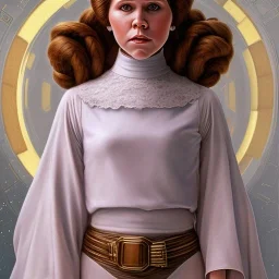 death star background, complete and photo realistic detailed head to waist stunning photo realistic portrait of young carrie fisher as Princess Leia in star wars with photo realistic hairstyle by Mandy Jurgens and mucha and Richard Schmid and chuck close and chie yoshii, extraordinary and detailed ceremony dress of star wars,brown eyes